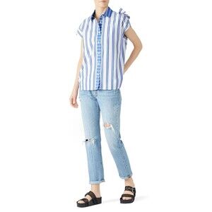 SJYP STEVE J & YONI P Striped Sleeveless Button Down Top M Open Back Blue B21
